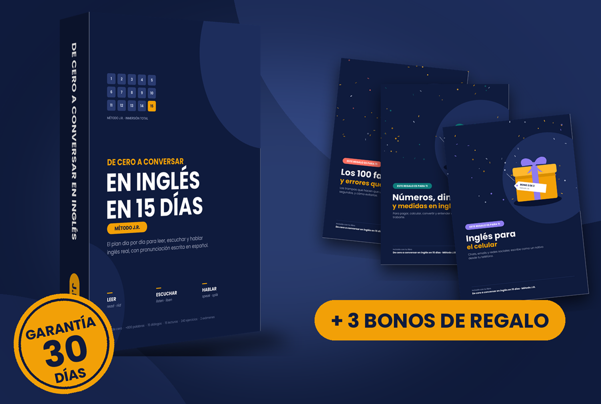 Ebook De cero a conversar en inglés en 15 días, Método J.R., junto a sus 3 bonos de regalo y el sello de garantía de 30 días