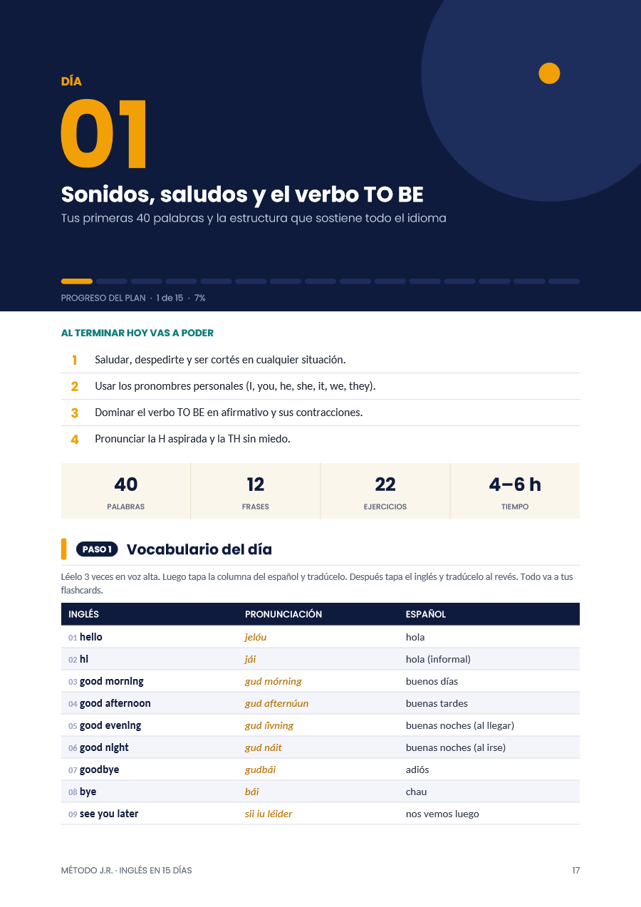 Página del Día 1 del libro: objetivos del día, cifras de la jornada y comienzo del vocabulario