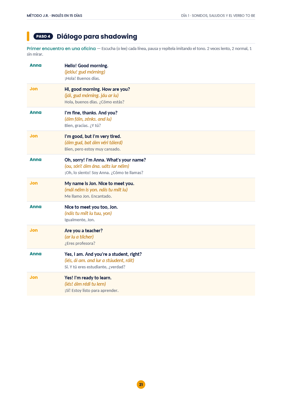 Diálogo del Día 1 para practicar con shadowing, con pronunciación y traducción de cada línea